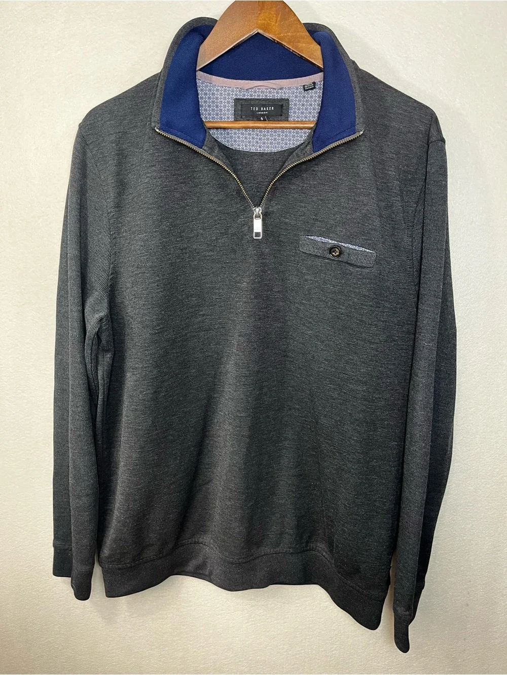 Ted Baker Charcoal Gray Quarter-Zip Sweater with Navy Collar